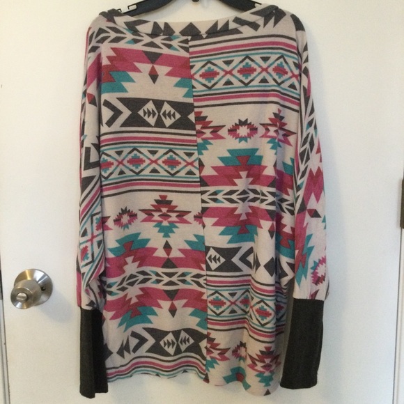 Pink Aztec Print Geometric Oversized Longsleeve Slouchy shirt Boho Pullover - Picture 5 of 7